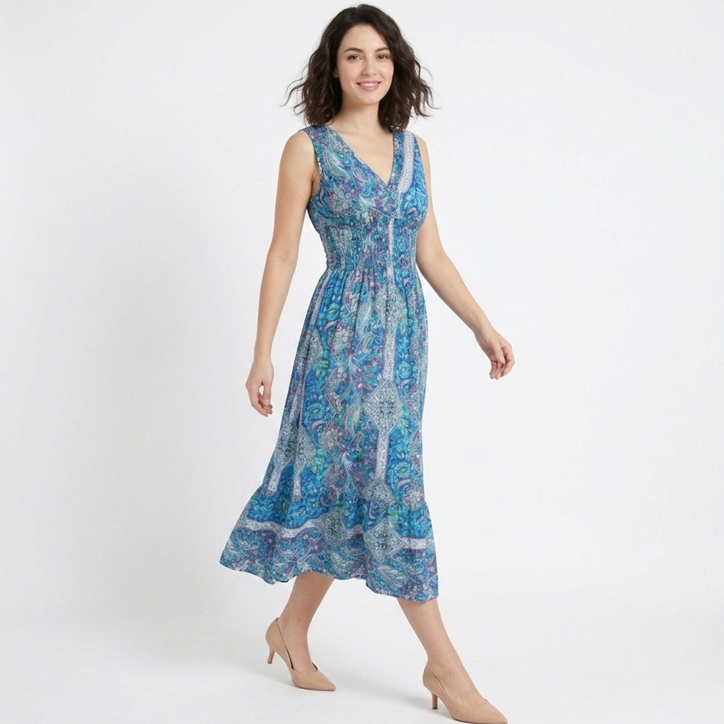 Robe trapèze femme en coton imprimé cachemire col V sans manches printemps
