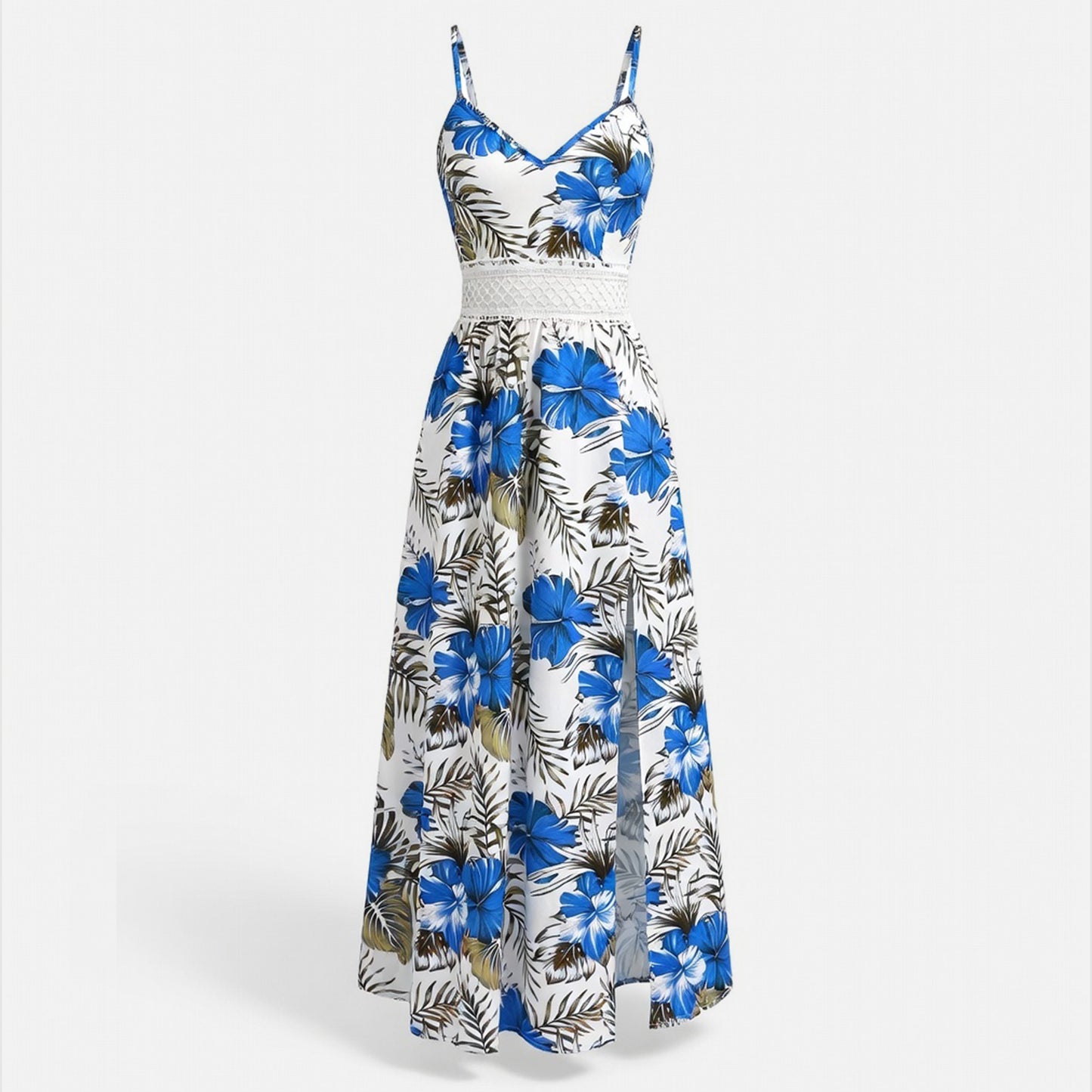 Robe longue femme coton été robe fleurie bretelles fines robe fendue élégante
