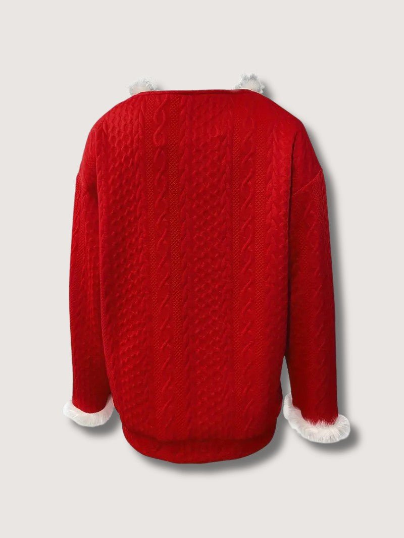 Pull de Noël Femme Chic – Col en V et Bordure en Fausse Fourrure 4