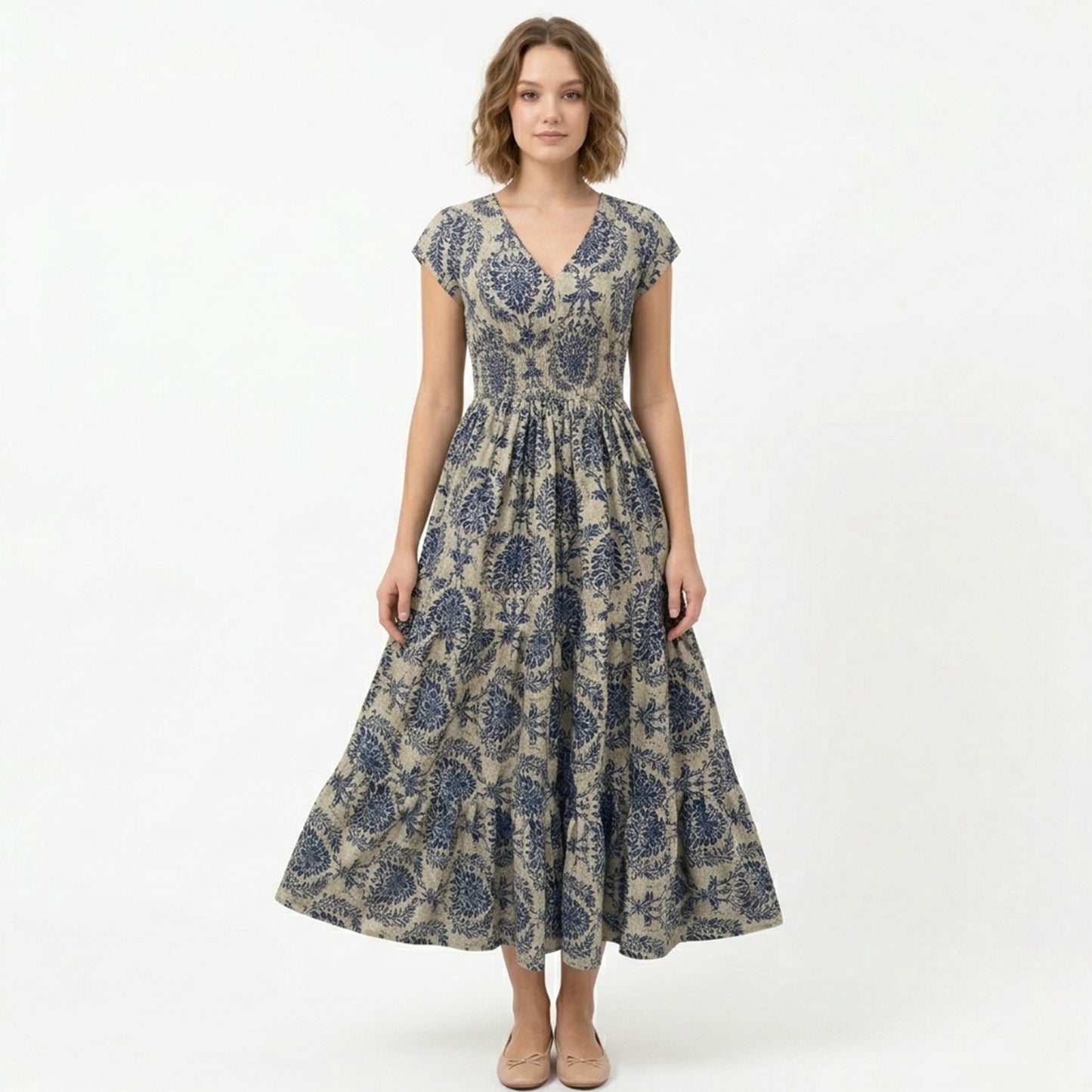 Robe longue femme coton été robe femme col V manches courtes
