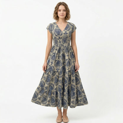 Robe longue femme coton été robe femme col V manches courtes