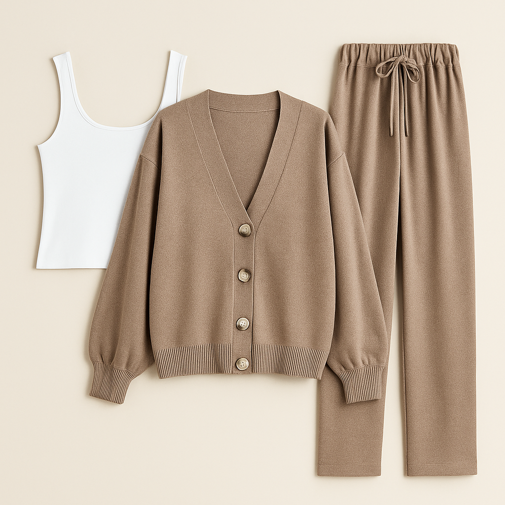 Ensemble d’hiver pour femme cardigan en tricot et pantalon | Col en V