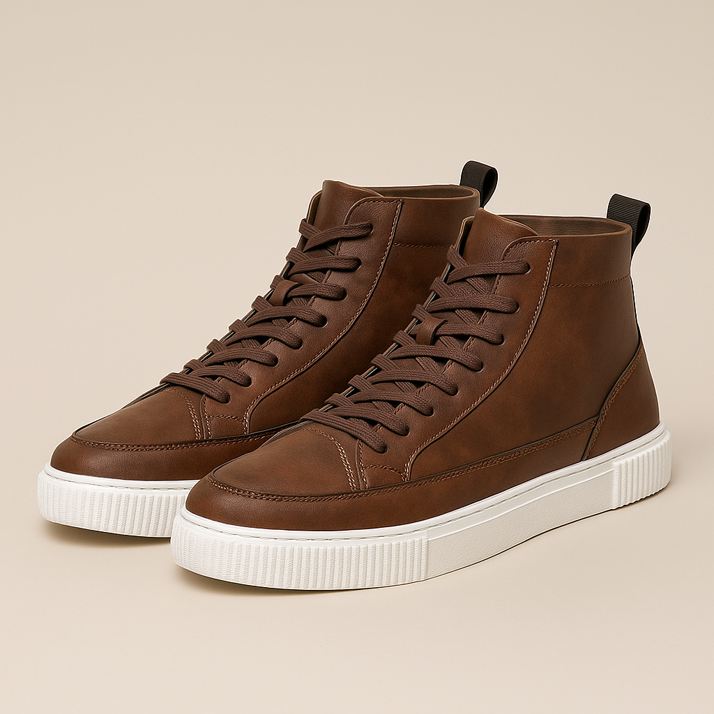 Baskets Montantes En Cuir Marron Pour Homme | Semelle Blanche