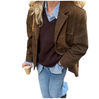 Blazer En Cuir Vintage Pour Femmes | Revers Crantés