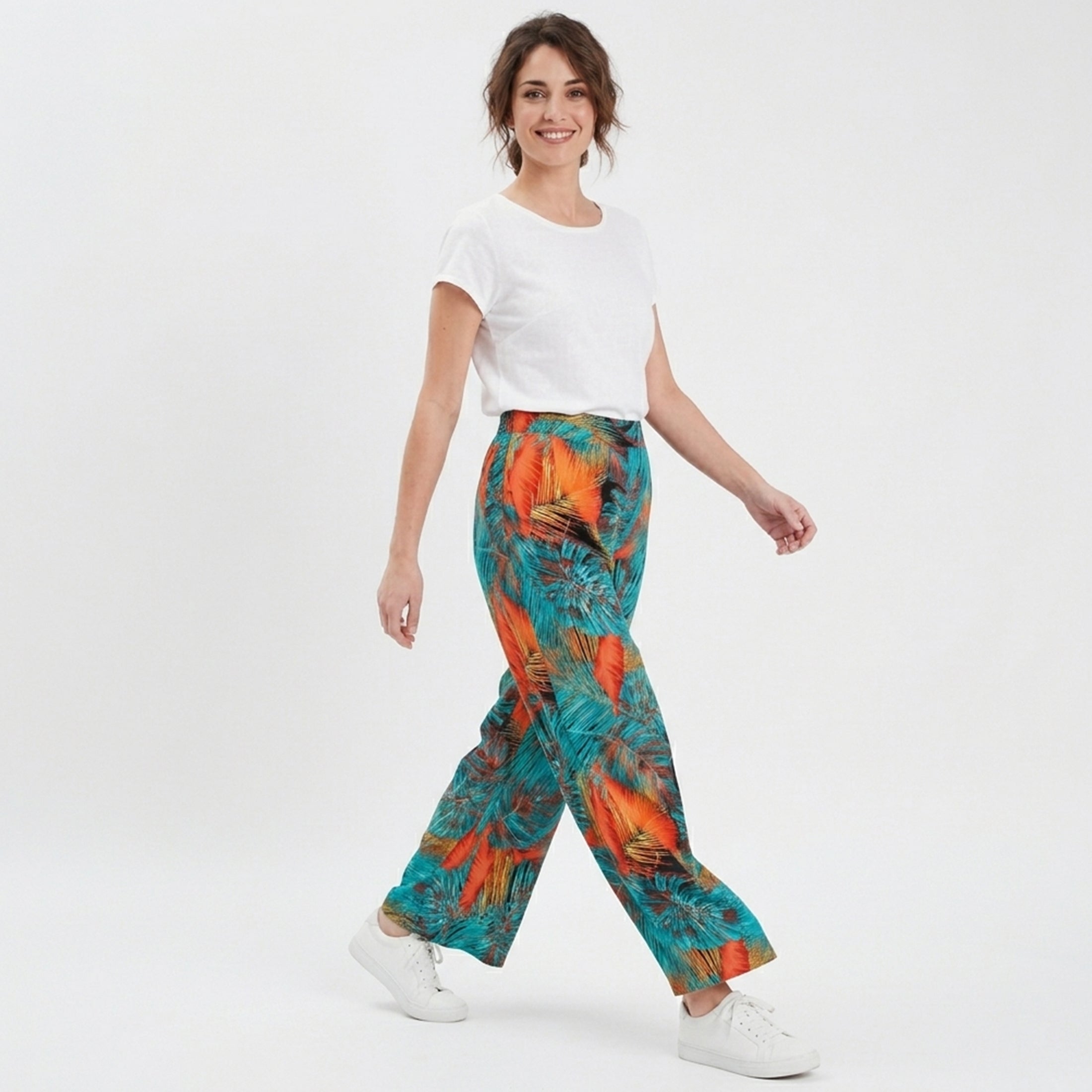 Pantalon femme large bohème mousseline fleurs été taille haute fluide