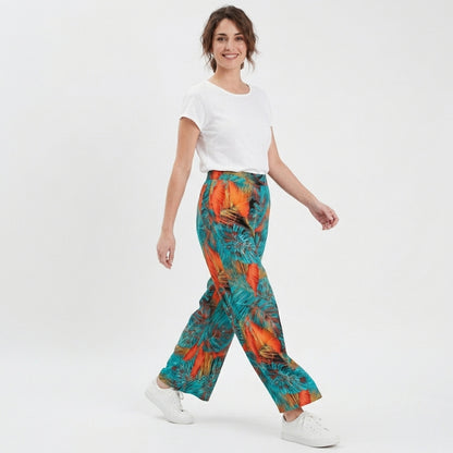 Pantalon femme large bohème mousseline fleurs été taille haute fluide