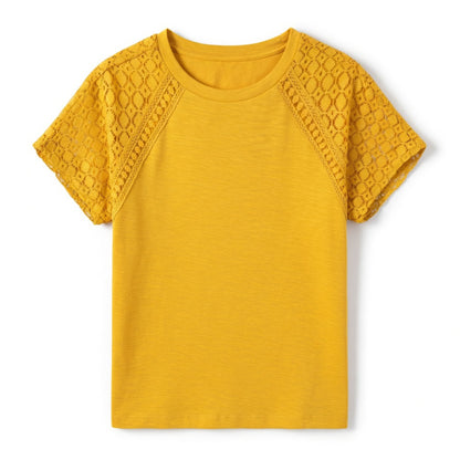 T-shirt femme coton manches dentelle printemps été haut décontracté femme