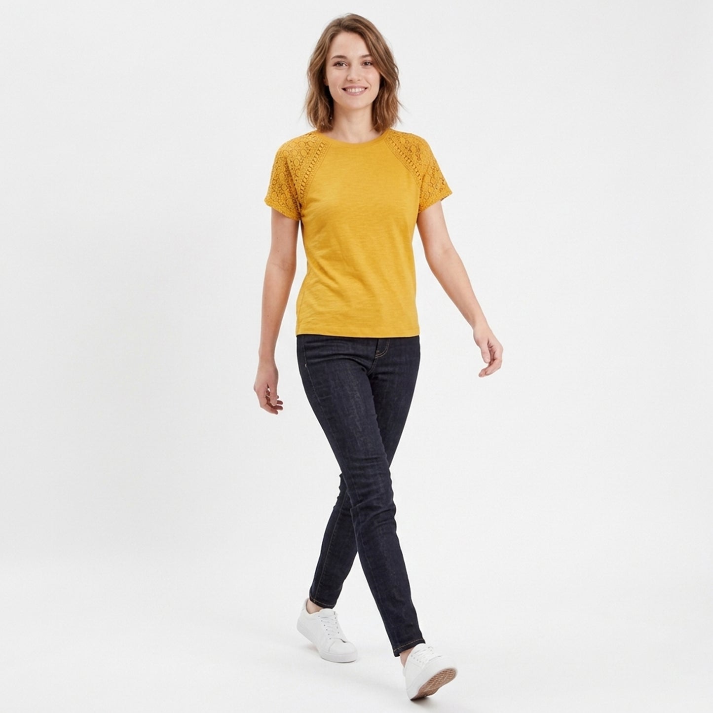 T-shirt femme coton manches dentelle printemps été haut décontracté femme