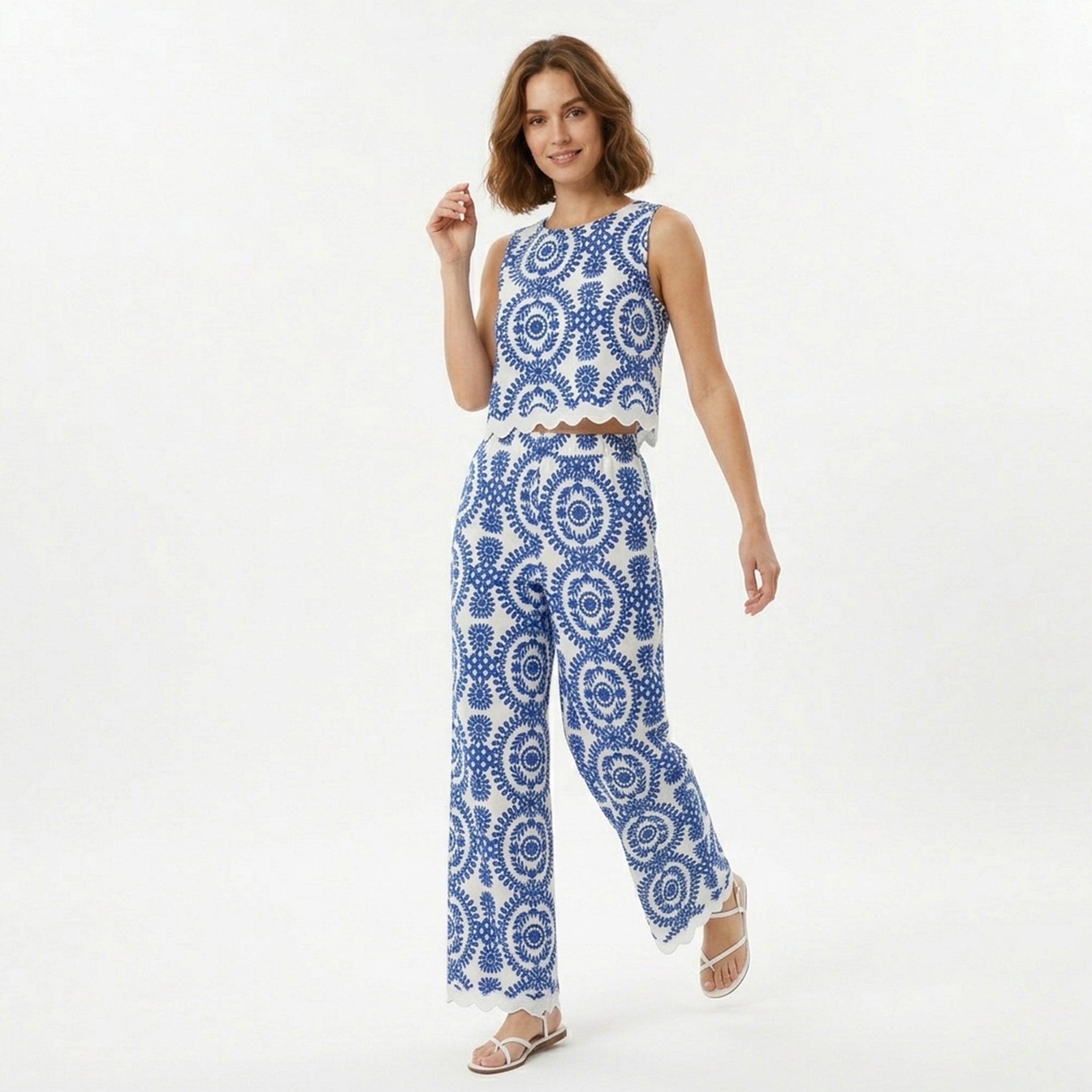 Ensemble femme coton 2 pièces été top sans manches pantalon fluide élégant