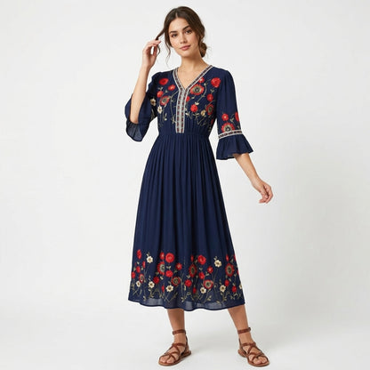 Robe longue femme coton été robe maxi col V brodée élégante