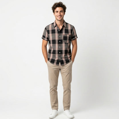 Chemise homme coton col rabattu à carreaux décontractée