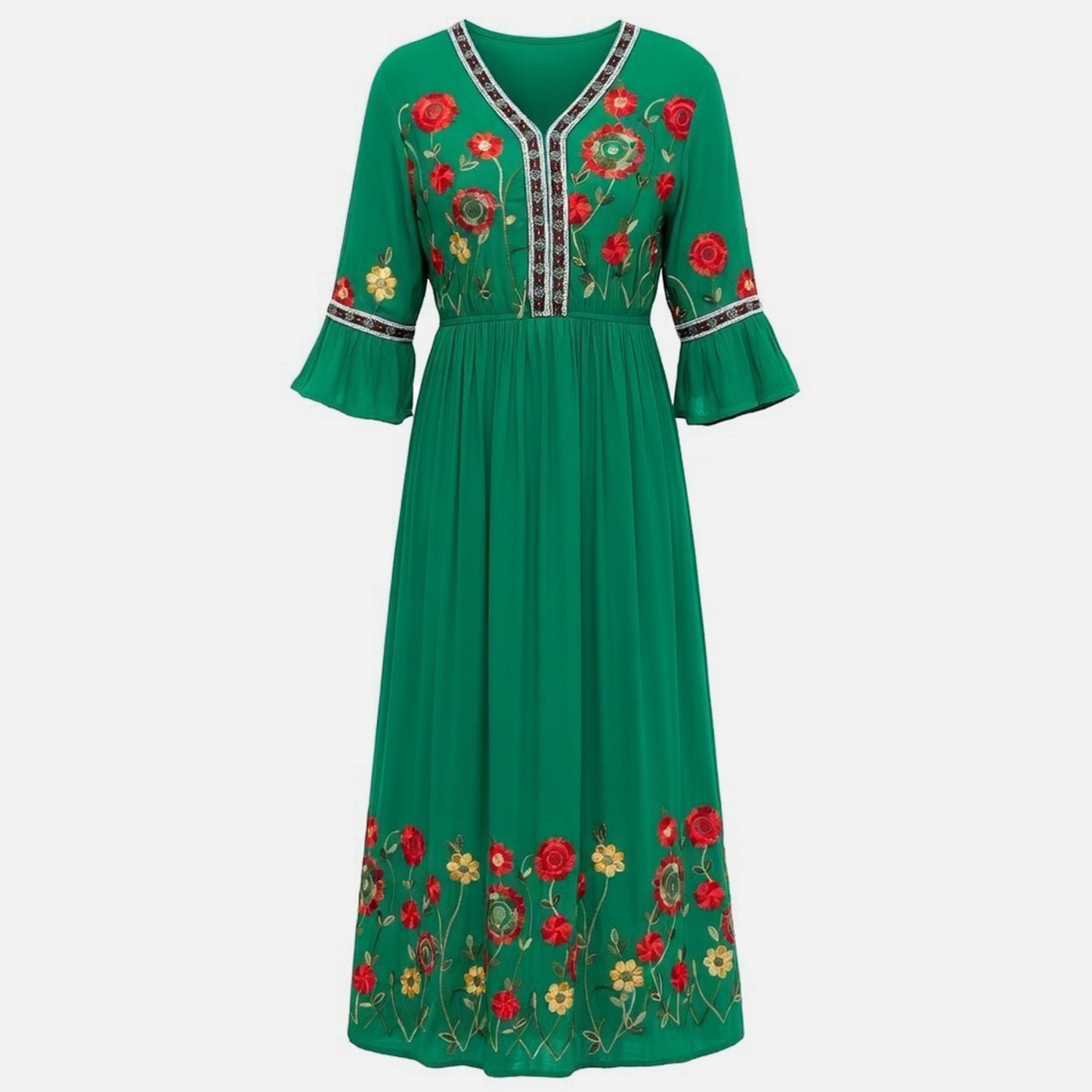 Robe longue femme coton été robe maxi col V brodée élégante