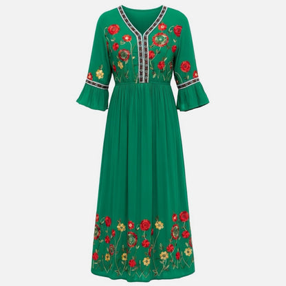 Robe longue femme coton été robe maxi col V brodée élégante