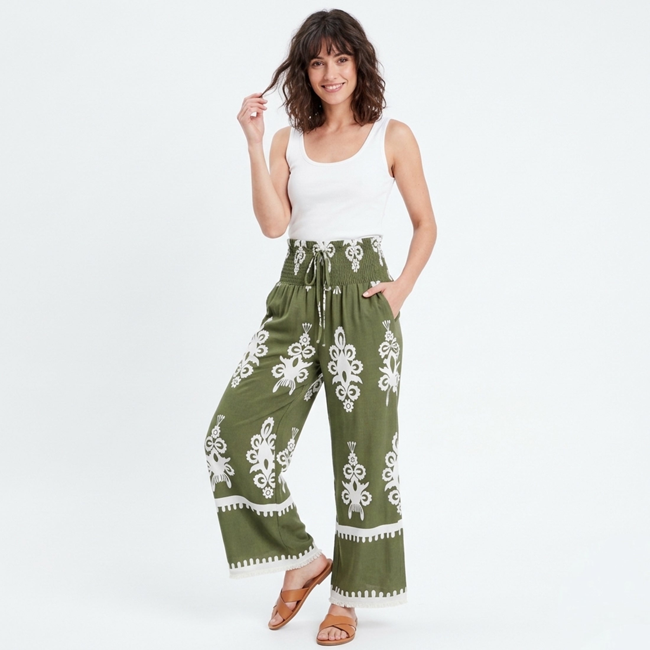 Pantalon femme imprimé fluide en coton avec ceinture à nouer pour printemps
