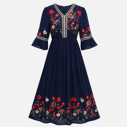 Robe longue femme coton été robe maxi col V brodée élégante