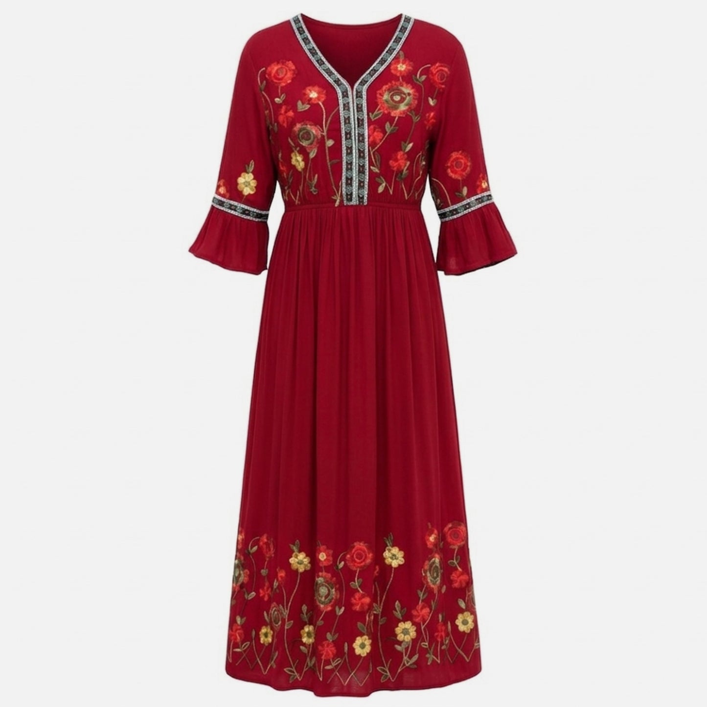 Robe longue femme coton été robe maxi col V brodée élégante