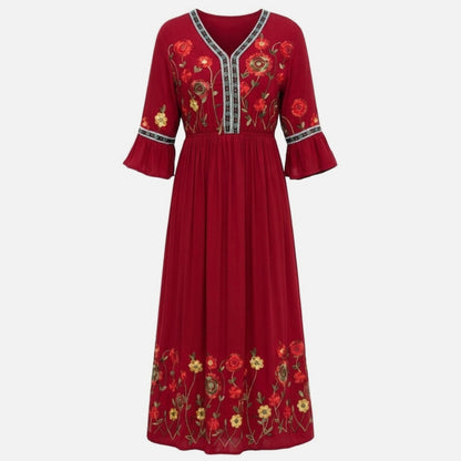 Robe longue femme coton été robe maxi col V brodée élégante