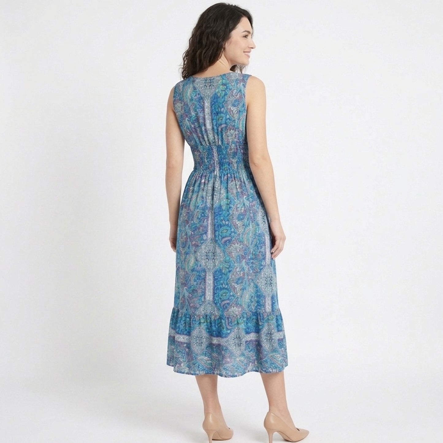 Robe trapèze femme en coton imprimé cachemire col V sans manches printemps