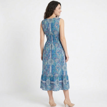 Robe trapèze femme en coton imprimé cachemire col V sans manches printemps