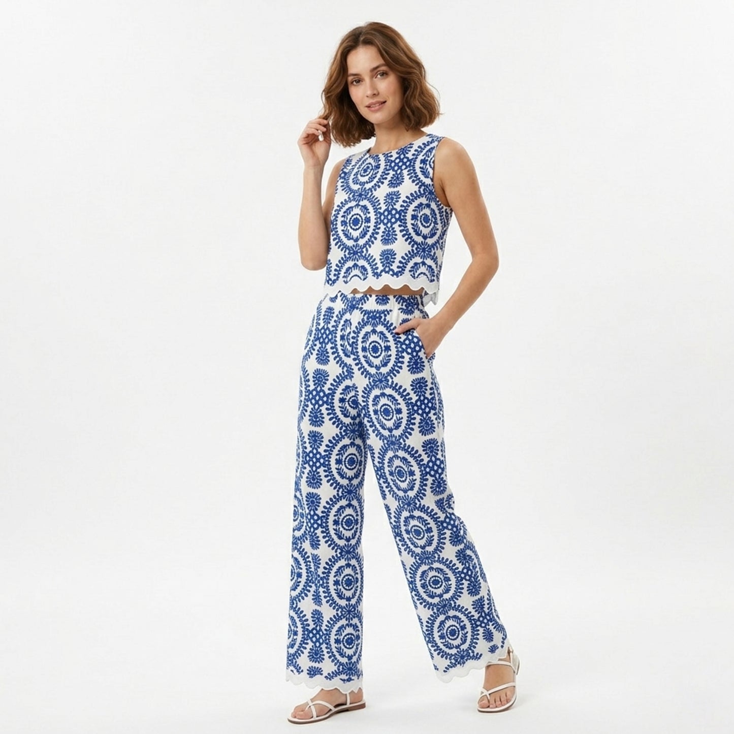 Ensemble femme coton 2 pièces été top sans manches pantalon fluide élégant