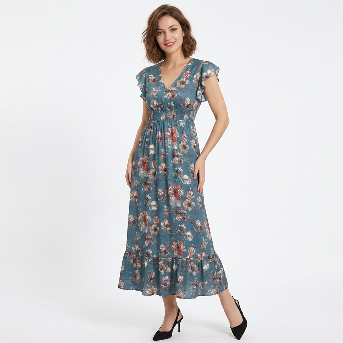 Robe portefeuille femme en coton imprimé floral col V manches courtes printemps