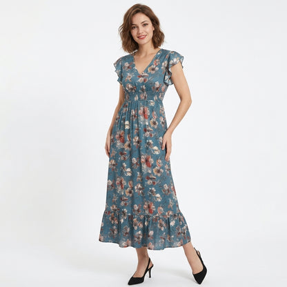 Robe portefeuille femme en coton imprimé floral col V manches courtes printemps