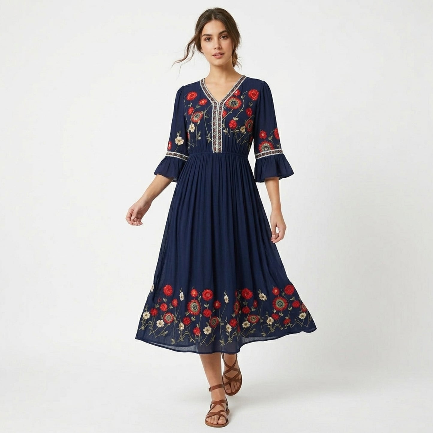 Robe longue femme coton été robe maxi col V brodée élégante