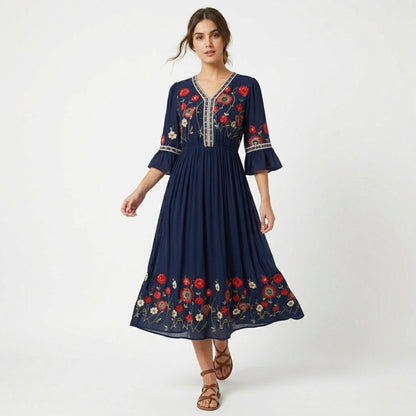 Robe longue femme coton été robe maxi col V brodée élégante