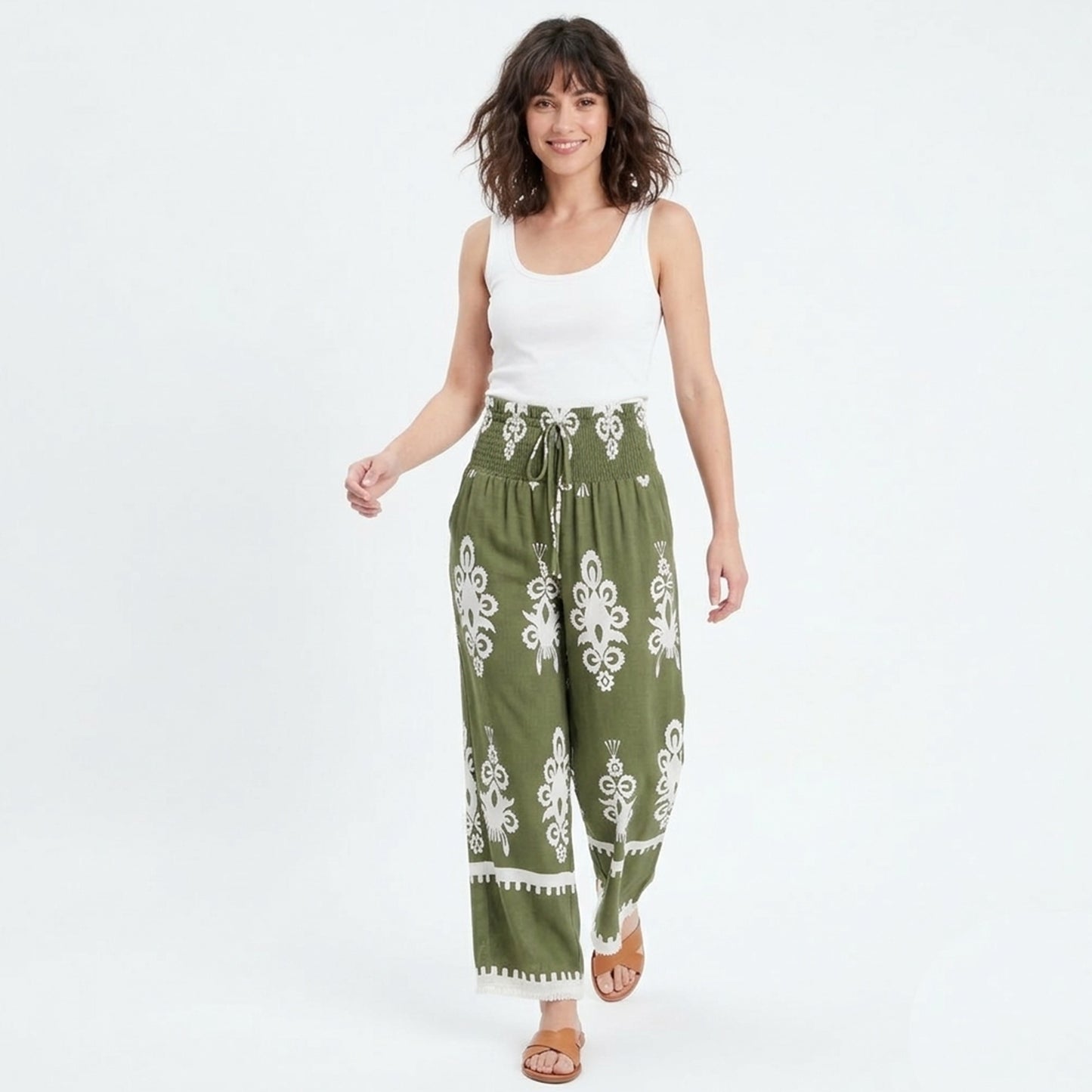 Pantalon femme imprimé fluide en coton avec ceinture à nouer pour printemps