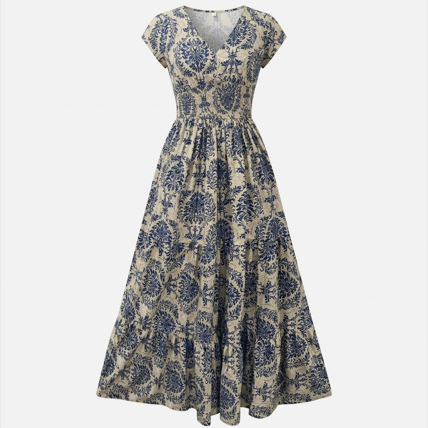 Robe longue femme coton été robe femme col V manches courtes