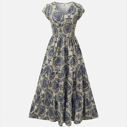 Robe longue femme coton été robe femme col V manches courtes