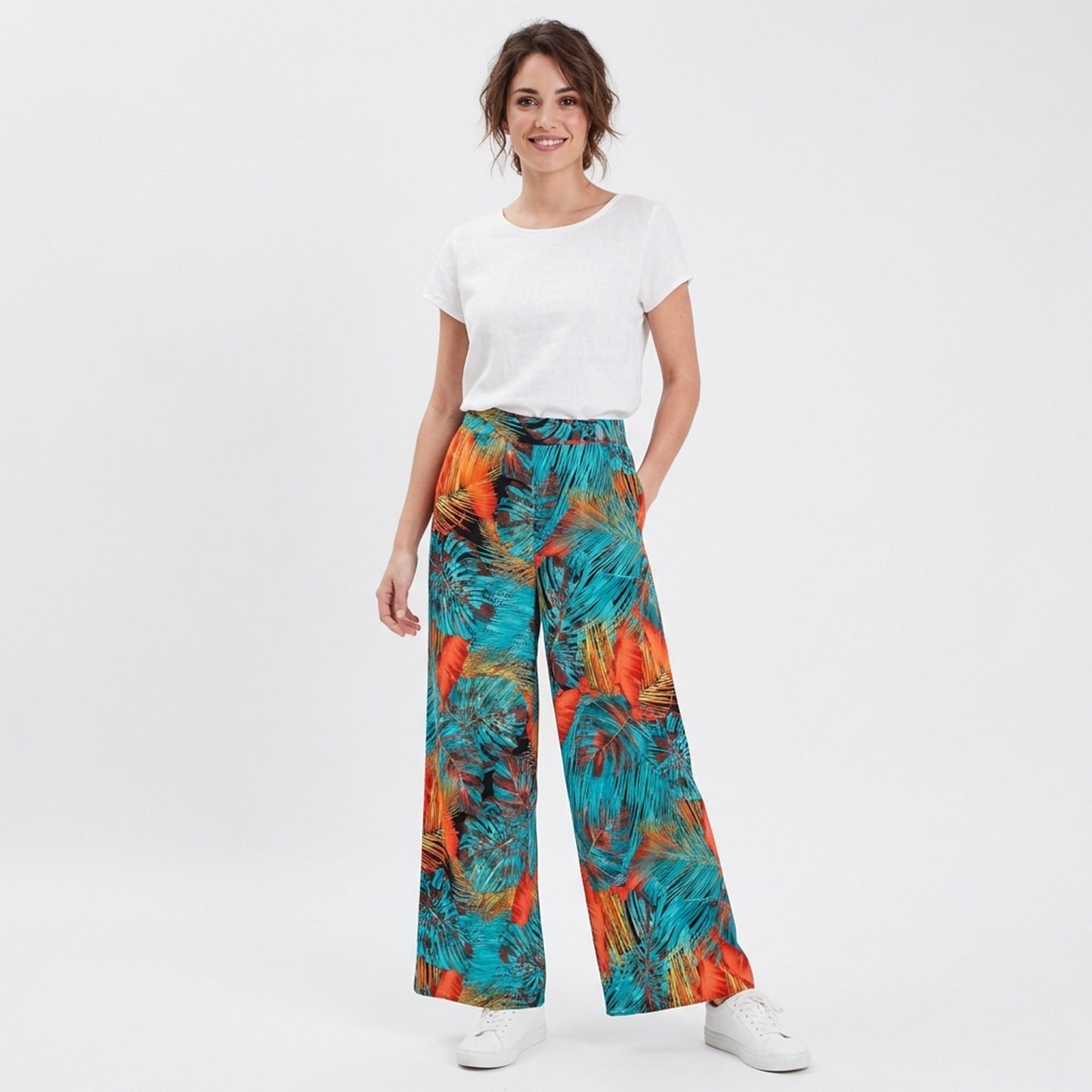 Pantalon femme large bohème mousseline fleurs été taille haute fluide