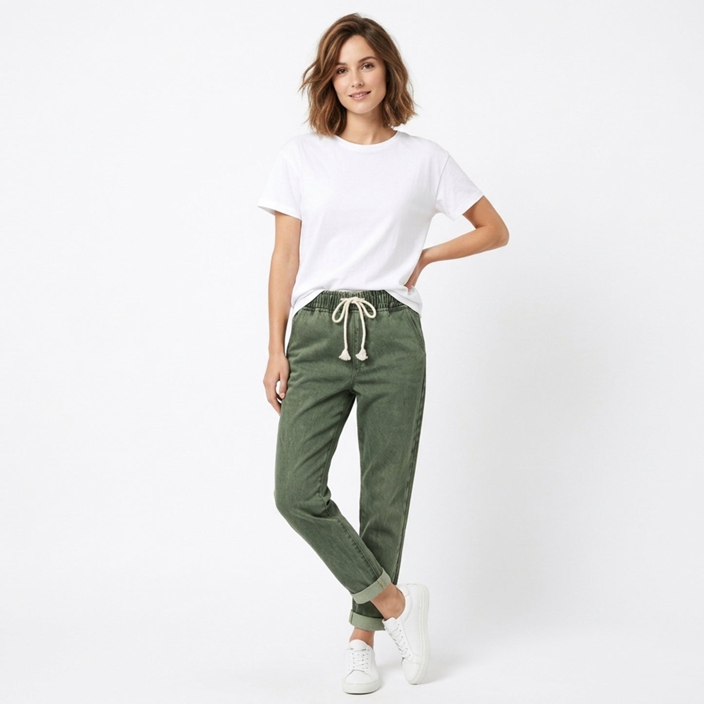 Jean femme denim coton été jean taille élastique coupe droite slim