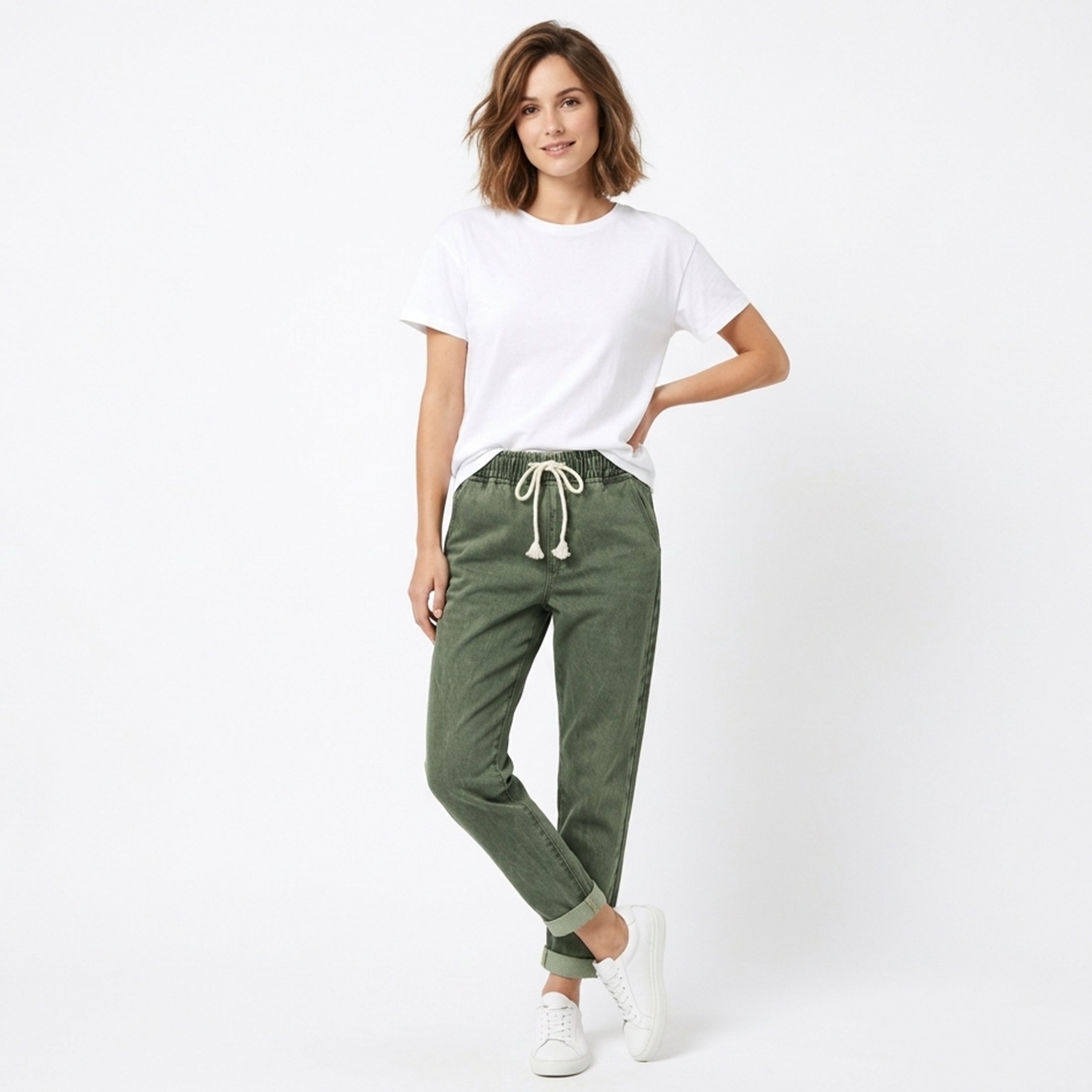 Jean femme denim coton été jean taille élastique coupe droite slim