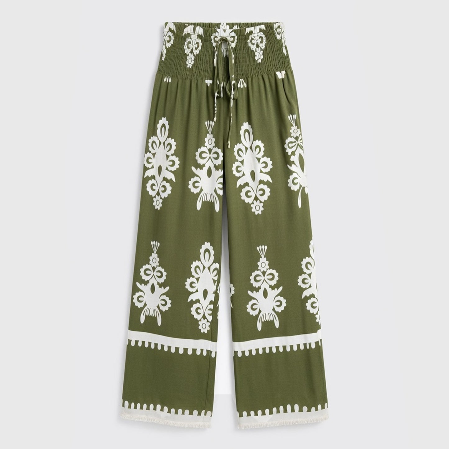 Pantalon femme imprimé fluide en coton avec ceinture à nouer pour printemps
