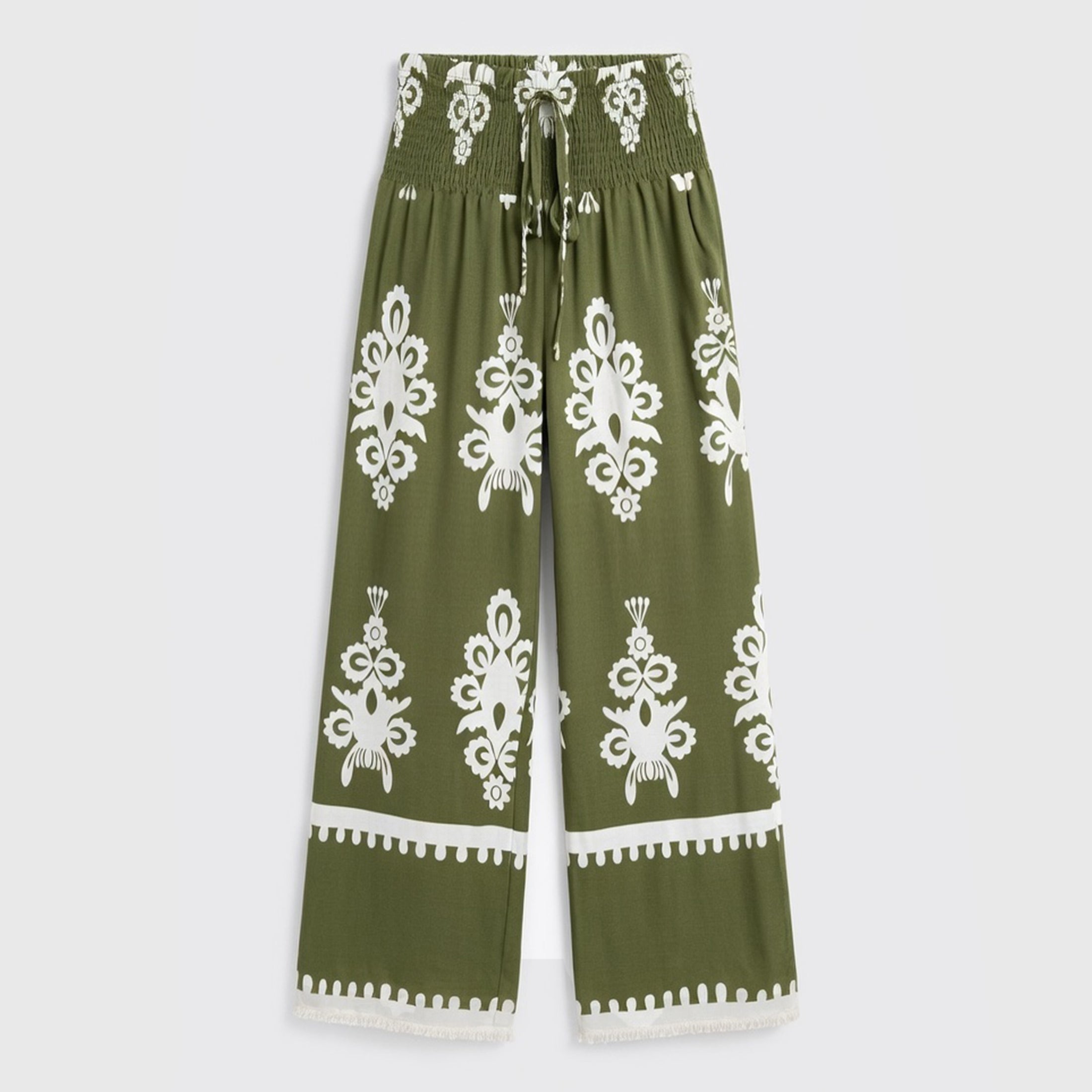 Pantalon femme imprimé fluide en coton avec ceinture à nouer pour printemps