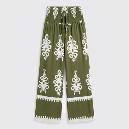 Pantalon femme imprimé fluide en coton avec ceinture à nouer pour printemps
