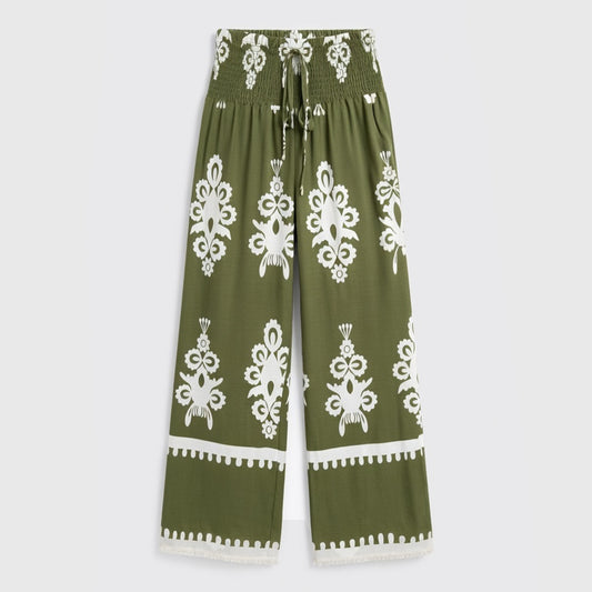 Pantalon femme imprimé fluide en coton avec ceinture à nouer pour printemps