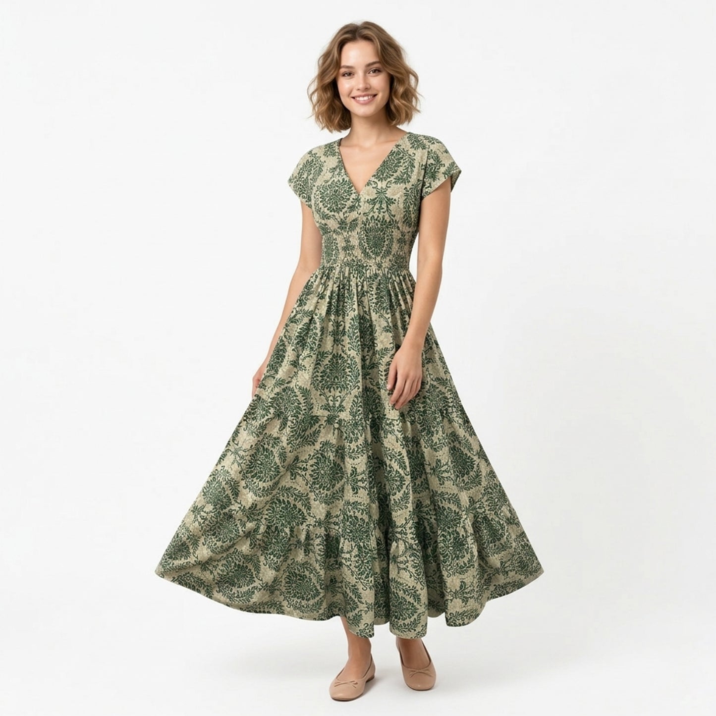 Robe longue femme coton été robe femme col V manches courtes