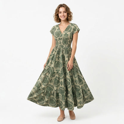 Robe longue femme coton été robe femme col V manches courtes