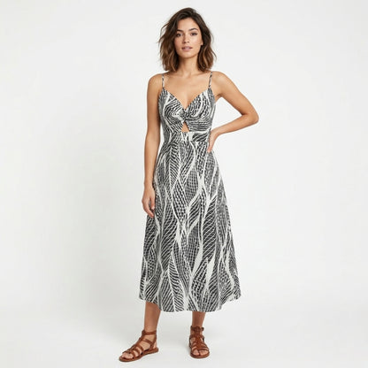 Robe longue femme en coton col V été robe de plage vacances