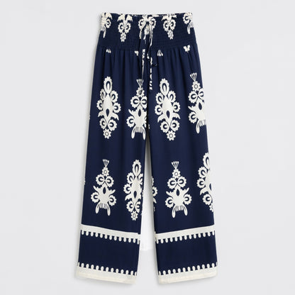 Pantalon femme imprimé fluide en coton avec ceinture à nouer pour printemps