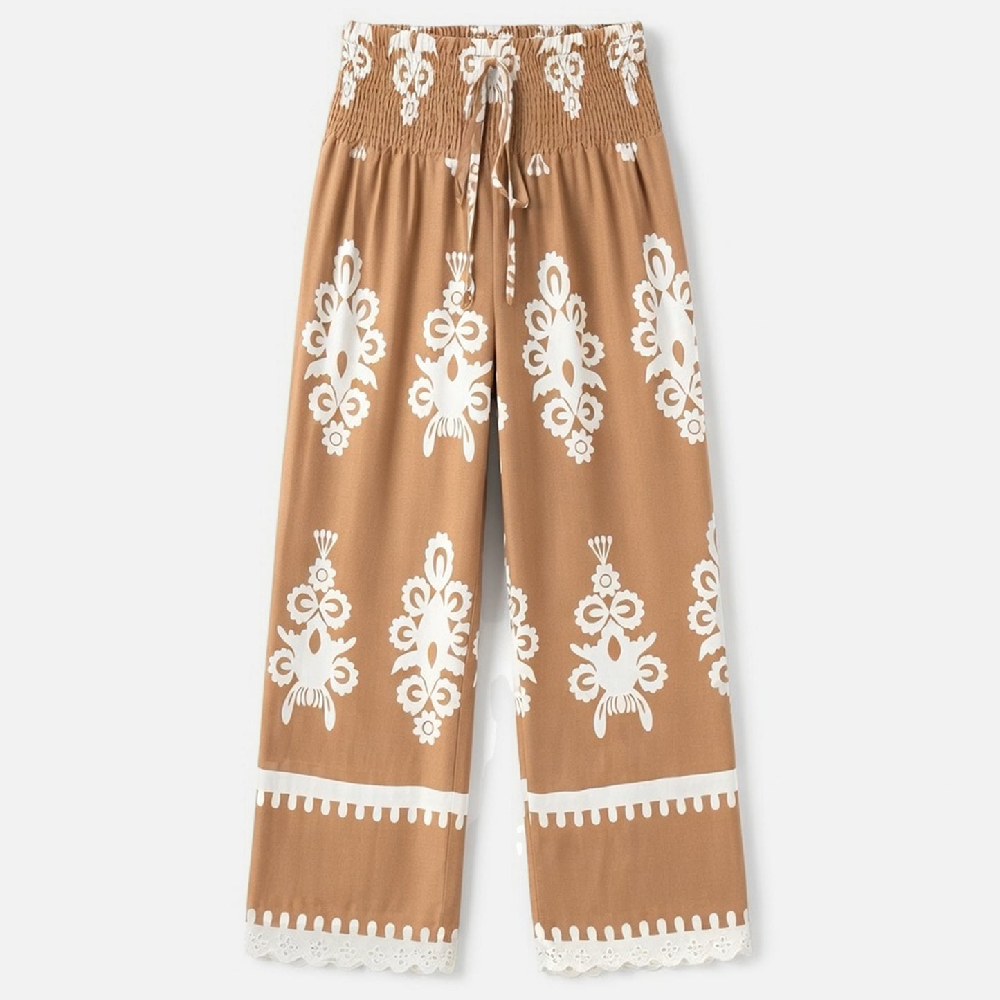Pantalon femme imprimé fluide en coton avec ceinture à nouer pour printemps