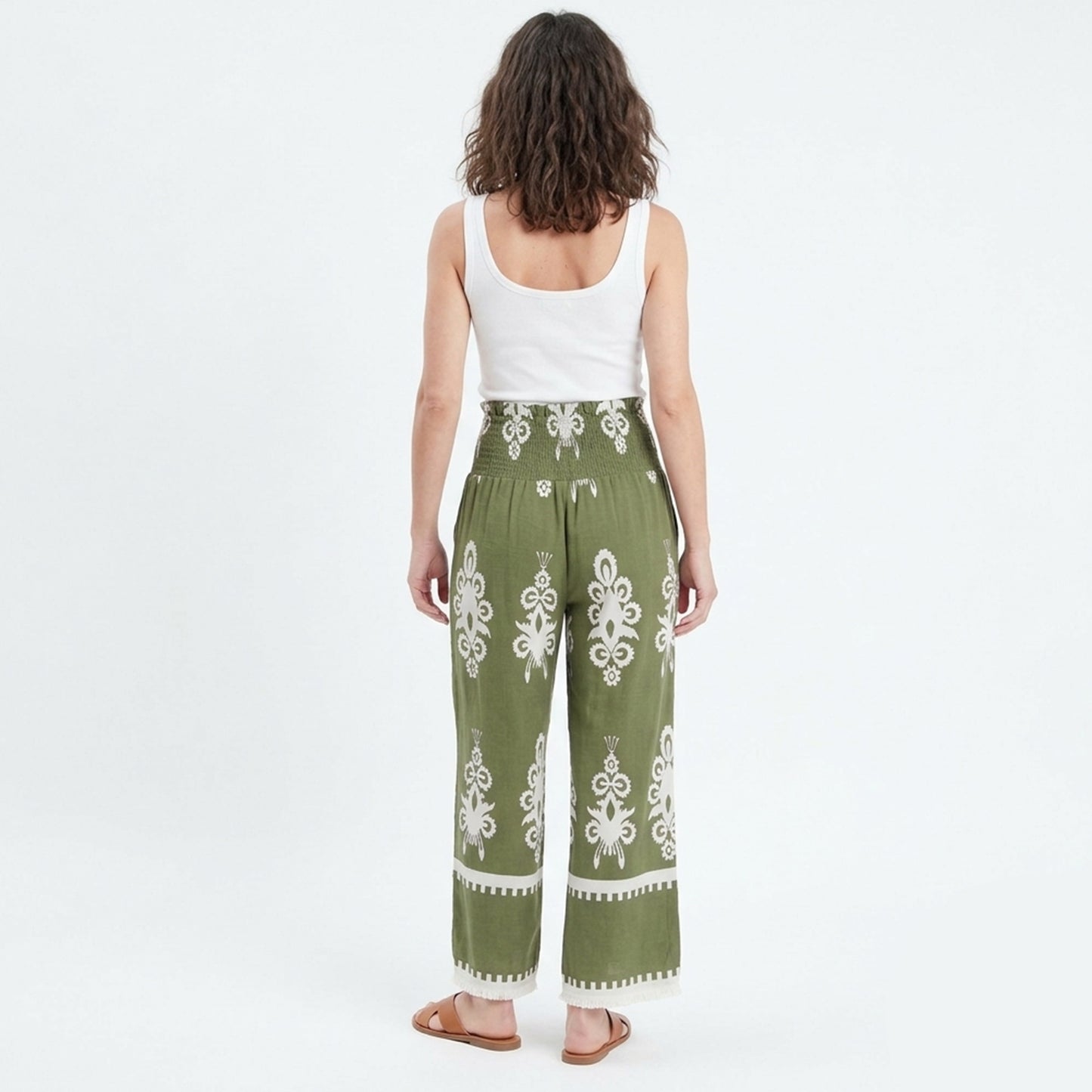 Pantalon femme imprimé fluide en coton avec ceinture à nouer pour printemps