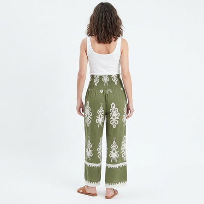 Pantalon femme imprimé fluide en coton avec ceinture à nouer pour printemps
