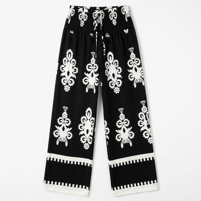 Pantalon femme imprimé fluide en coton avec ceinture à nouer pour printemps