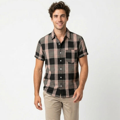 Chemise homme coton col rabattu à carreaux décontractée