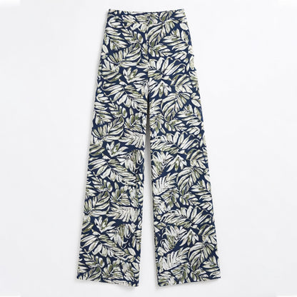Pantalon femme large bohème mousseline fleurs été taille haute fluide