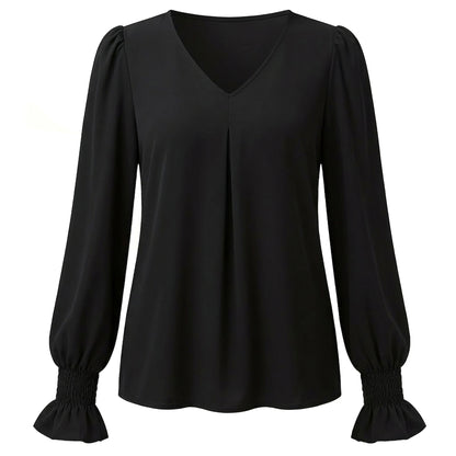 Chemisier femme chiffon manches longues été blouse femme col V ample