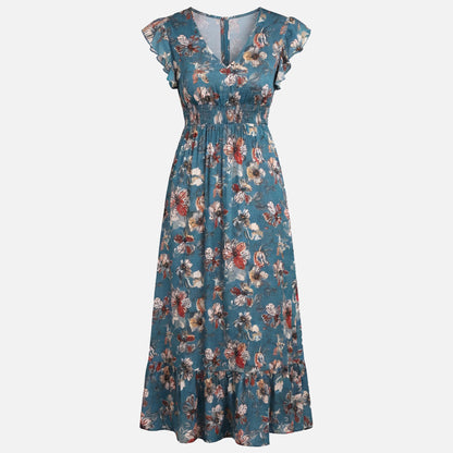 Robe portefeuille femme en coton imprimé floral col V manches courtes printemps